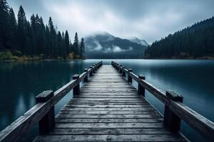 ai généré en bois jetée plus de le Montagne Lac avec forêt sur pluvieux nuageux sombre journée photo