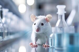 ai généré mignonne petit laboratoire blanc rat sur le table parmi le tester tubes et flacons sur flou Contexte photo