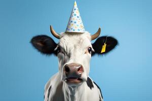 ai généré mignonne noir et blanc Pointé vache dans une de fête chapeau sur une bleu Contexte. marrant animal concept photo