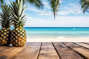 ai généré en bois table Haut avec deux savoureux Ananas sur tropical plage mer ou océan été Contexte photo