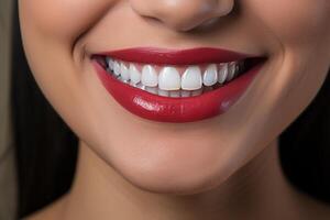 ai généré fermer de une large en bonne santé sourire avec parfait blanc les dents de une Jeune femme avec rouge lèvres photo