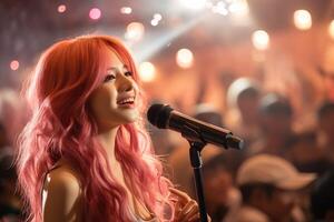 ai généré jolie asiatique k-pop idole Jeune femme avec rose cheveux en chantant dans une microphone sur étape dans foule sur brillant concert éclairage Contexte photo