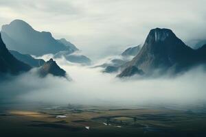ai généré magnifique paysage vue de le vallée et silhouette montagnes dans le brouillard à du froid soir photo