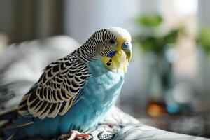 ai généré adorable bleu perruche séance sur le canapé dans le vivant pièce photo