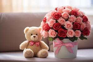 ai généré bouquet de magnifique rouge et rose des roses fleurs dans boîte avec arc et mignonne nounours ours sur flou Contexte photo