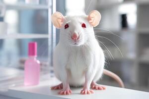 ai généré adorable petit laboratoire blanc rat sur le table sur flou Contexte photo