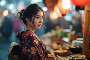 ai généré magnifique asiatique Jeune femme dans traditionnel vêtements kimono à rue Festival suivant à une rue nourriture supporter photo