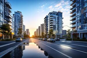 ai généré une moderne, écologiquement amical, paysager zone avec une large rue et vert zones et moderne Résidentiel bâtiments. photo