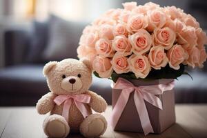 ai généré bouquet de délicat rose des roses fleurs dans boîte avec arc et mignonne nounours ours dans vivant pièce sur flou Contexte photo