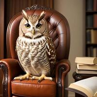 ai généré le hibou est en train de lire une livre et séance dans le fauteuil. anthropomorphe animaux. génératif ai. photo