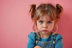 ai généré portrait de mignonne triste offensé peu blond fille avec deux queues de cheval sur plat rose Contexte photo