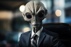 ai généré humanoïde extraterrestre dans une affaires costume sur flou Bureau Contexte photo