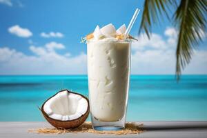ai généré noix de coco Milk-shake dans une ancien verre avec une flou tropical mer et paume feuilles dans le Contexte photo