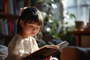 ai généré mignonne peu asiatique fille avec enthousiasme en train de lire une livre dans le vivant pièce avec étagères photo