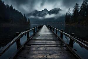 ai généré en bois jetée plus de le Montagne Lac avec forêt sur pluvieux nuageux sombre journée photo