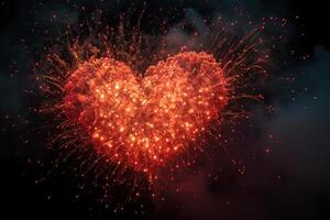 ai généré brillant rouge cœur en forme de feux d'artifice dans le nuit ciel photo