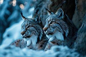 ai généré fermer une paire de sauvage lynx dans une hiver flou bokeh Contexte photo