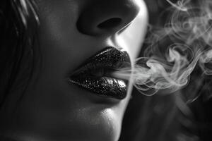 ai généré fermer de une femme lèvres exhalant fumée, noir et blanc noir photo