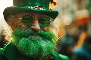 ai généré portrait de un personnes âgées vert barbu homme dans une décoré Haut chapeau, vert costume et des lunettes souriant dans une foule célébrer st. patrick's journée photo
