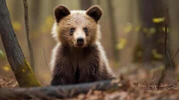 ai généré peu ours lionceau dans le printemps forêt avec flou Contexte photo