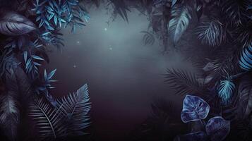 ai généré illustration de divers tropical feuillage dans bleu nuit tons encadrement une brumeux nuit Contexte photo