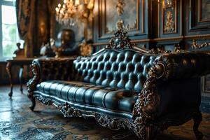 ai généré luxueux classique conception noir cuir grand canapé dans une classique pièce intérieur photo