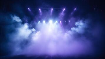 ai généré étape lumière avec bleu cyan violet projecteurs et fumée. concert et théâtre foncé scène photo