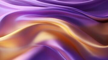 ai généré abstrait Contexte avec 3d vague brillant soie tissu. pente combinaison violet et or couleurs photo