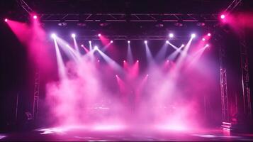 ai généré étape lumière avec rouge rose violet projecteurs et fumée. concert et théâtre foncé scène photo