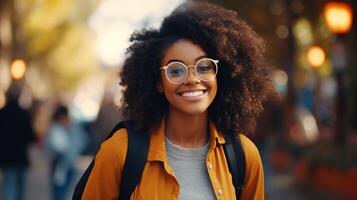 ai généré magnifique étudiant noir fille avec sac à dos et des lunettes dans le parc, l'automne. éducation apprentissage photo