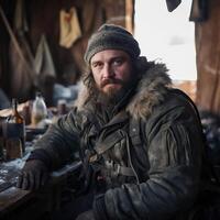 ai généré portrait de une homme. brutal homme avec une barbe contre le Contexte de dévastation. photo