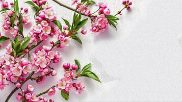 ai généré une branche de rose épanouissement Sakura sur une lumière Contexte fermer. texturé pétrole peinture. printemps la relance concept. photo