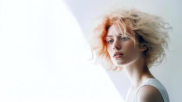 ai généré portrait de femme avec frisé blond cheveux dans lumière du soleil. portrait de une blond fille avec court cheveux, dans le style de lumière blanc et orange, subtil Couleur gradations. photo