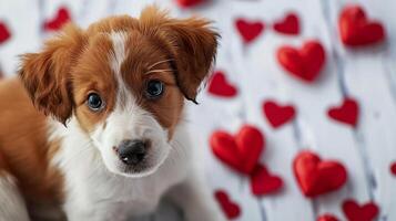 ai généré concept de l'amour et dévouement. mignonne marron et blanc chiot fermer sur une flou Contexte de en bois blanc sol et rouge cœurs. photo