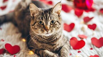 ai généré mignonne tigré chat mensonge sur le lit avec rouge cœurs. photo