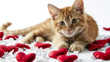 ai généré une espiègle fatigué gingembre chaton est chasse pour rouge cœurs sur une blanc doux tapis. printemps et chats concept. photo