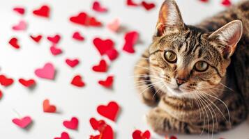 ai généré mignonne tigré chat avec rouge cœurs sur blanc arrière-plan, fermer. photo