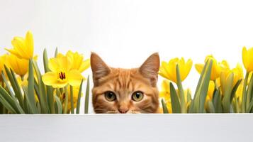 ai généré mignonne gingembre chat furtivement en dehors de derrière une blanc bannière avec Jaune tulipes photo