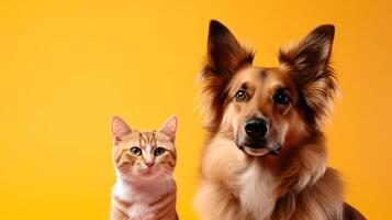 ai généré chat et chien ensemble sur Jaune Contexte. concept de amical famille. photo