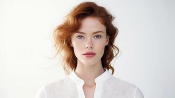 ai généré portrait de magnifique Jeune femme avec rouge cheveux sur blanc Contexte. photo