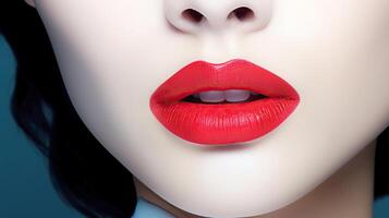 ai généré aux femmes rouge lèvres fermer avec lisse peau. magnifique asiatique femme avec Couleur lèvres fermer blanc peau. photo