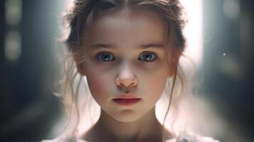 ai généré portrait de une mignonne peu fille avec longue cheveux dans le chambre. photo