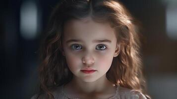 ai généré fermer portrait de une magnifique peu fille avec longue cheveux. photo