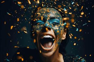 ai généré fermer portrait de une beauté mode femme modèle dans une éclaboussure de l'eau gouttes dans peindre confettis. photo