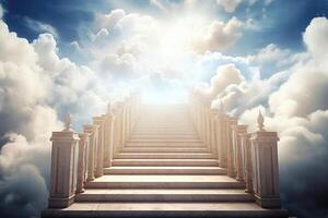 ai généré escalier à paradis par blanc des nuages dans bleu ciel Contexte. photo