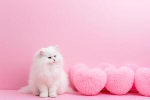 ai généré portrait de une mignonne peu national chat sur une rose Contexte avec l'amour cœurs. photo