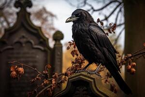 ai généré une noir corbeau est assis sur un vieux mousse couvert pierre tombale dans une cimetière contre le Contexte de une branche avec séché feuilles photo