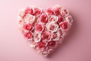 ai généré cœur fabriqué de Frais doux rose des roses fleurs sur rose Contexte Haut voir, valentines journée conception carte photo