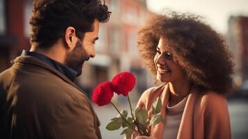 ai généré souriant homme donne fleurs à femme sur la Saint-Valentin journée photo