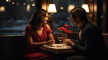 ai généré couple dans costume ayant une romantique dîner dans une moderne restaurant célébrer la Saint-Valentin journée photo